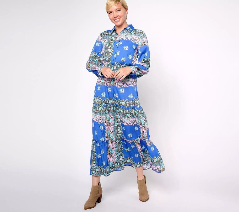 Destination 365 Women’s Floral Tiered Maxi Shirt Dress Blue Size Large